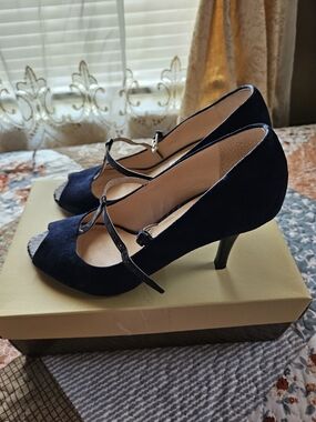 Fanko Sarto Navy Suede T-Strap Kitten Heel Pumps